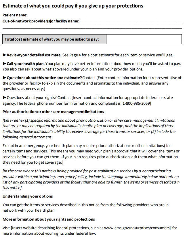 No Surprises act notice and consent form page 2